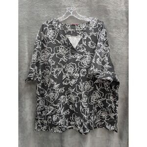 Floral Scrub Top Women's 2XL Dark Romance Black White Rose Outline Print Modern
